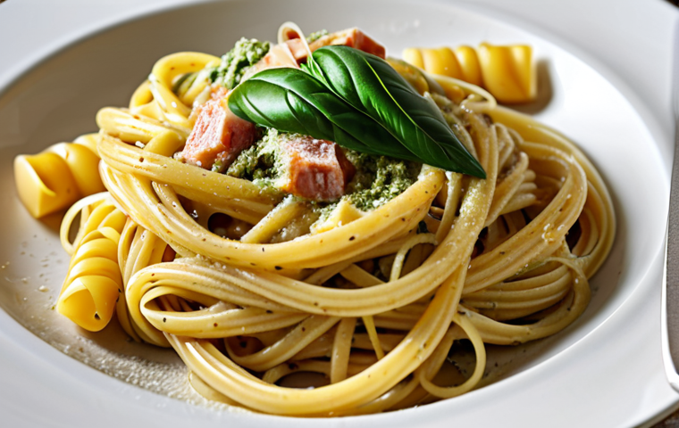 A plate of vibrant Italian pasta, such as carbonara or pesto, showcasing fresh ingredients and traditional cooking methods.