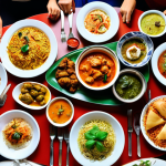 An array of vibrant, high-quality multicultural dishes, showcasing fusion food that blends Bengali and Italian cuisine, presented on a beautifully set table, with diverse people enjoying the meal. The scene emphasizes the uniqueness and appeal of fusion cuisine.