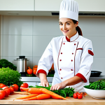 A professional woman chef in a modest, clean chef's jacket and apron, fully clothed, appropriate attire. She stands in a brightly lit, modern kitchen, meticulously chopping colorful, fresh, local, and seasonal vegetables (e.g., vibrant red tomatoes, leafy green spinach, earthy brown mushrooms, bright orange carrots) on a large wooden counter. The scene emphasizes careful preparation and respect for ingredients. Professional photography, high resolution, soft natural lighting, sharp focus, rich colors, perfect anatomy, correct proportions, natural body proportions, well-formed hands, proper finger count, safe for work, appropriate content, fully clothed, professional.