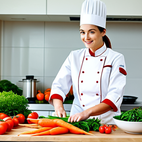 Home 7 A professional woman chef in a modest, clean chef's jacket and apron, fully clothed, appropriate attire. She stands in a brightly lit, modern kitchen, meticulously chopping colorful, fresh, local, and seasonal vegetables (e.g., vibrant red tomatoes, leafy green spinach, earthy brown mushrooms, bright orange carrots) on a large wooden counter. The scene emphasizes careful preparation and respect for ingredients. Professional photography, high resolution, soft natural lighting, sharp focus, rich colors, perfect anatomy, correct proportions, natural body proportions, well-formed hands, proper finger count, safe for work, appropriate content, fully clothed, professional.