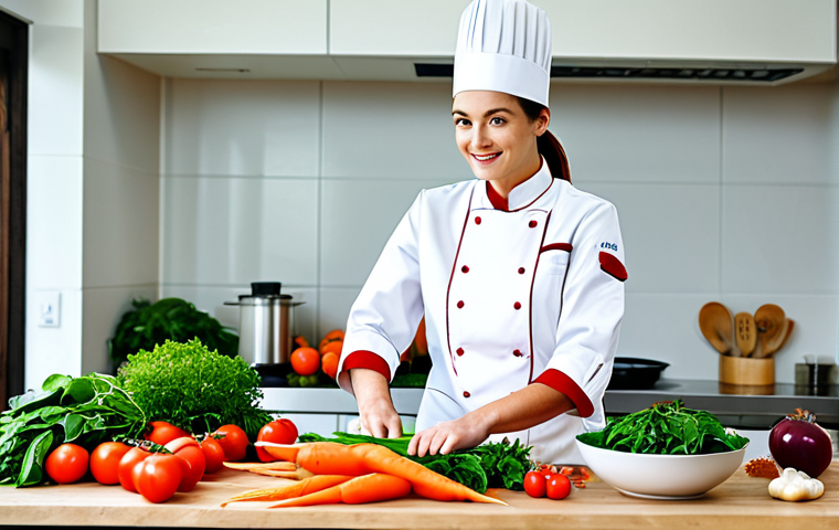 A professional woman chef in a modest, clean chef's jacket and apron, fully clothed, appropriate attire. She stands in a brightly lit, modern kitchen, meticulously chopping colorful, fresh, local, and seasonal vegetables (e.g., vibrant red tomatoes, leafy green spinach, earthy brown mushrooms, bright orange carrots) on a large wooden counter. The scene emphasizes careful preparation and respect for ingredients. Professional photography, high resolution, soft natural lighting, sharp focus, rich colors, perfect anatomy, correct proportions, natural body proportions, well-formed hands, proper finger count, safe for work, appropriate content, fully clothed, professional.