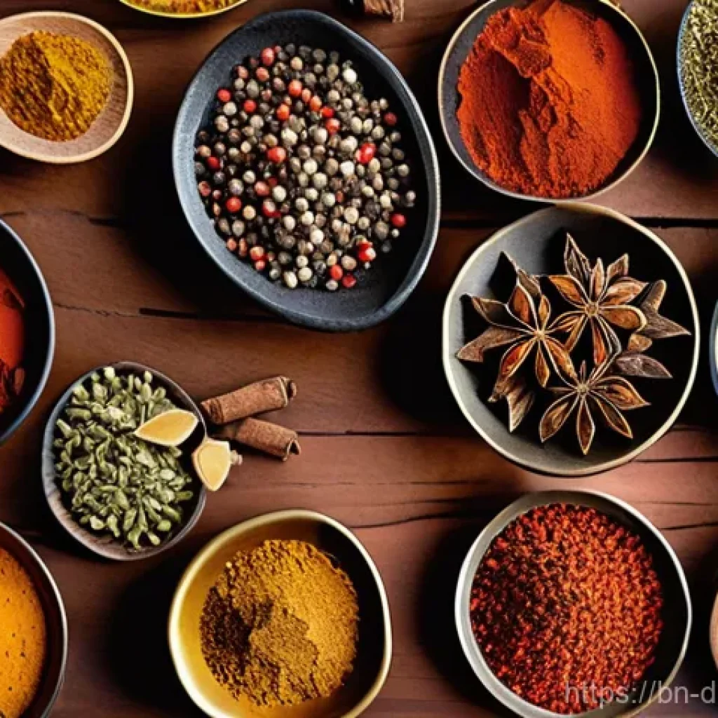 다문화 요리의 기본 양념 사용법 - **Prompt:** A visually stunning and artfully arranged collection of diverse spices, both whole and g...
