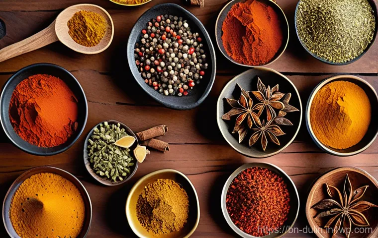 다문화 요리의 기본 양념 사용법 - **Prompt:** A visually stunning and artfully arranged collection of diverse spices, both whole and g...