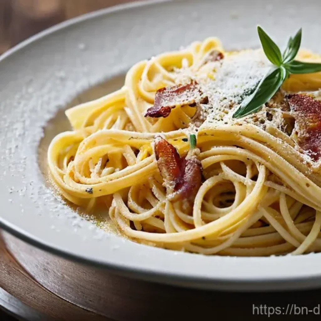 다문화 요리의 준비 과정 최적화 - **Prompt for Italian Pasta Carbonara:**
    "A close-up, top-down shot of a meticulously plated bowl...