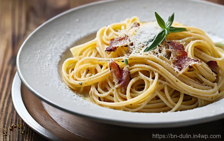 다문화 요리의 준비 과정 최적화 - **Prompt for Italian Pasta Carbonara:**
"A close-up, top-down shot of a meticulously plated bowl...