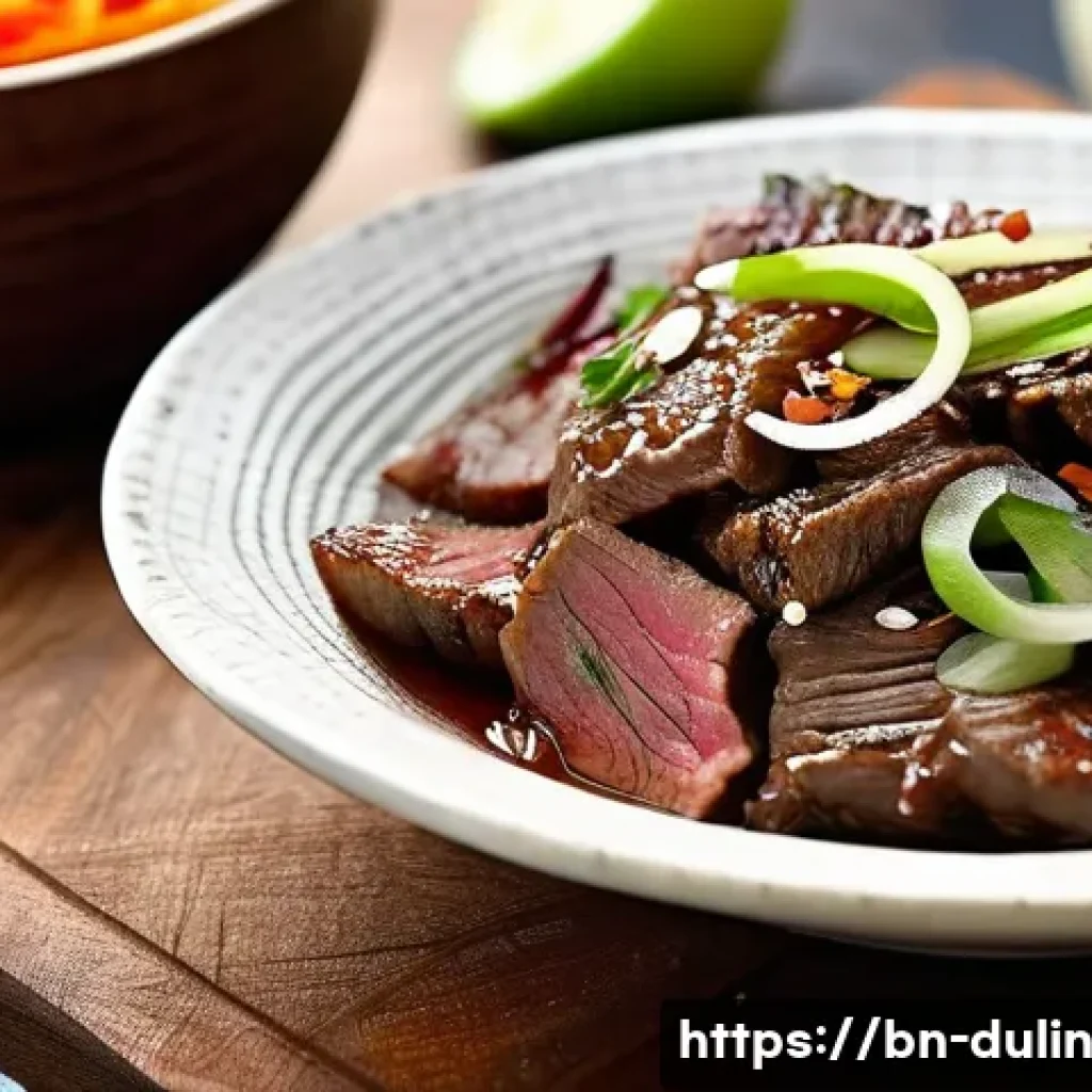 다문화 요리에서의 불고기 레시피 - A close-up, highly detailed image of thinly sliced rib eye beef marinating in a traditional Korean b...