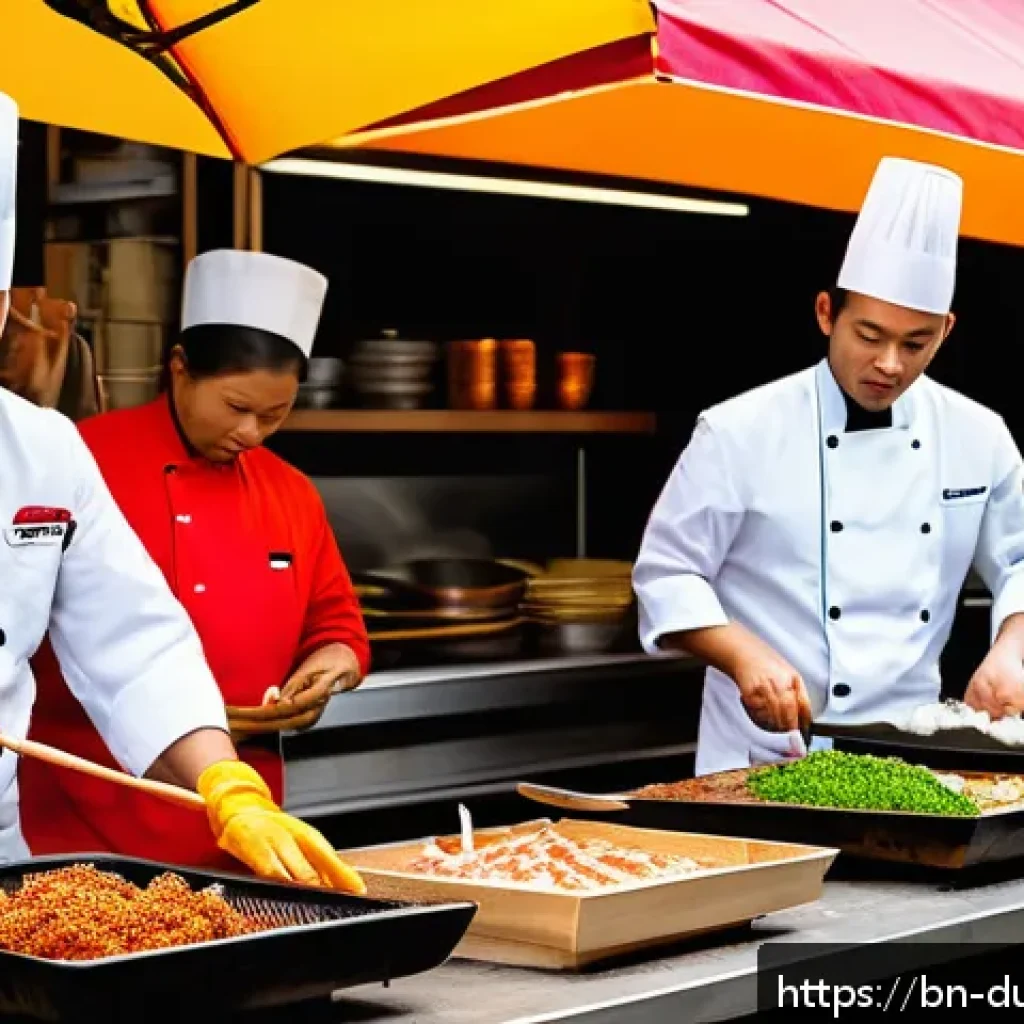 다문화 요리의 맛의 모험 - A vibrant Asian street food market scene featuring chefs preparing Thai grilled chicken and Japanese...