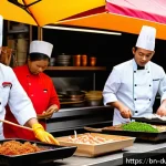 다문화 요리의 맛의 모험 - A vibrant Asian street food market scene featuring chefs preparing Thai grilled chicken and Japanese...