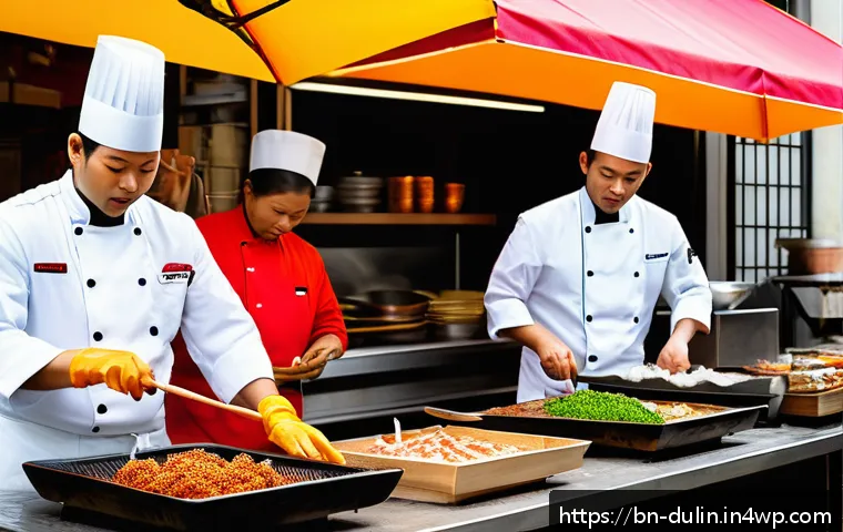 다문화 요리의 맛의 모험 - A vibrant Asian street food market scene featuring chefs preparing Thai grilled chicken and Japanese...