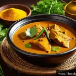 다문화 요리의 지역적 특색 존중 - A vibrant and detailed depiction of traditional Bengali fish curry (Maacher Jhol) served in a rustic...