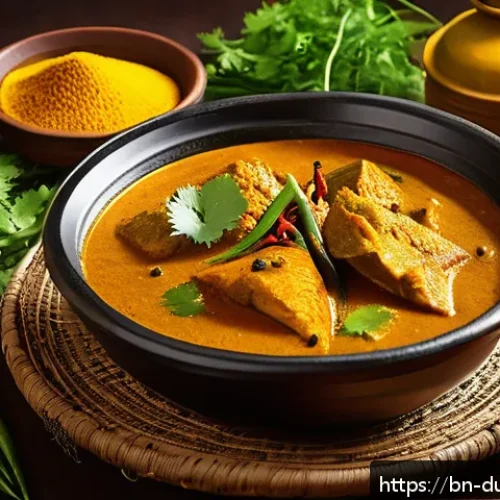 다문화 요리의 지역적 특색 존중 - A vibrant and detailed depiction of traditional Bengali fish curry (Maacher Jhol) served in a rustic...