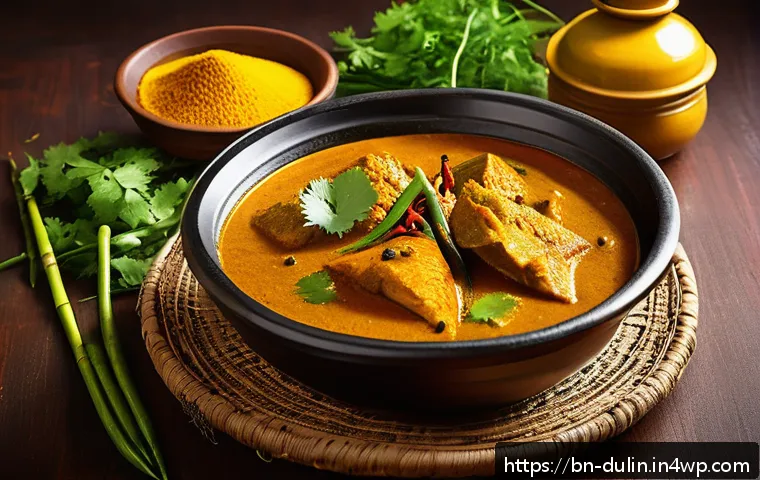 다문화 요리의 지역적 특색 존중 - A vibrant and detailed depiction of traditional Bengali fish curry (Maacher Jhol) served in a rustic...