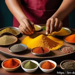 다문화 요리를 위한 식재료 구매 팁 - A vibrant multicultural kitchen scene showcasing a Bengali home cook preparing a fusion dish by blen...