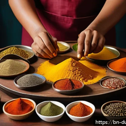 다문화 요리를 위한 식재료 구매 팁 - A vibrant multicultural kitchen scene showcasing a Bengali home cook preparing a fusion dish by blen...