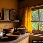 다문화 요리에서의 전통식 재현 - A cozy Bengali kitchen scene showcasing a middle-aged person preparing traditional Bengali dishes us...