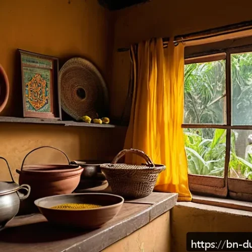 다문화 요리에서의 전통식 재현 - A cozy Bengali kitchen scene showcasing a middle-aged person preparing traditional Bengali dishes us...