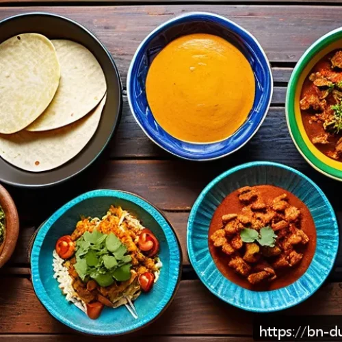 다문화 요리의 예술적 표현 - A vibrant fusion food festival scene showcasing a colorful array of dishes blending Indian spices wi...