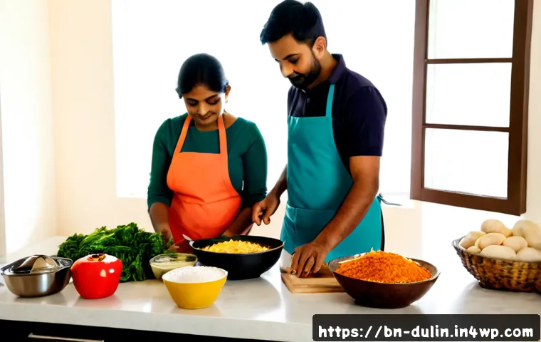 다문화 요리에서의 어린이 식사 준비 - Photorealistic Bengali multicultural family preparing a child-friendly meal together in a bright hom...